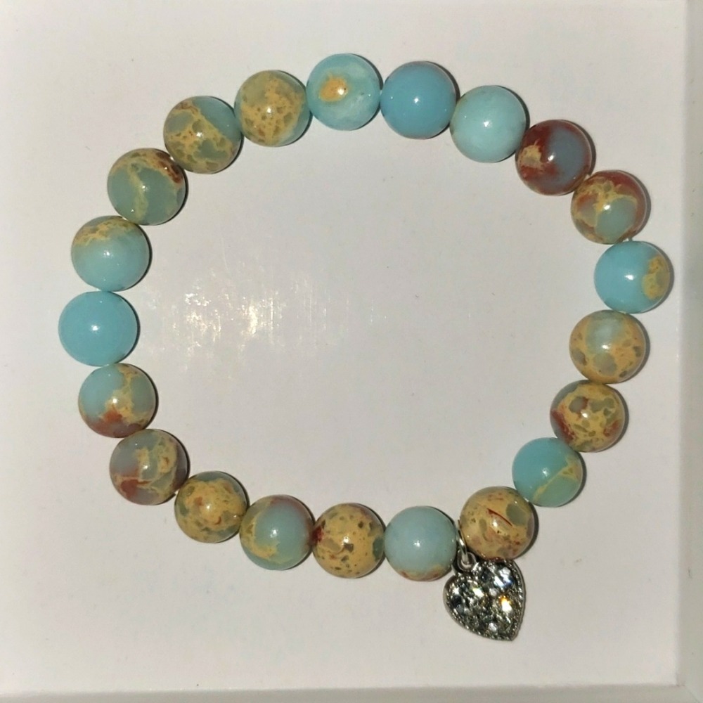 Jasper‎ Gemstone Stretch Bracelet Heart Charm Women's Jewelry